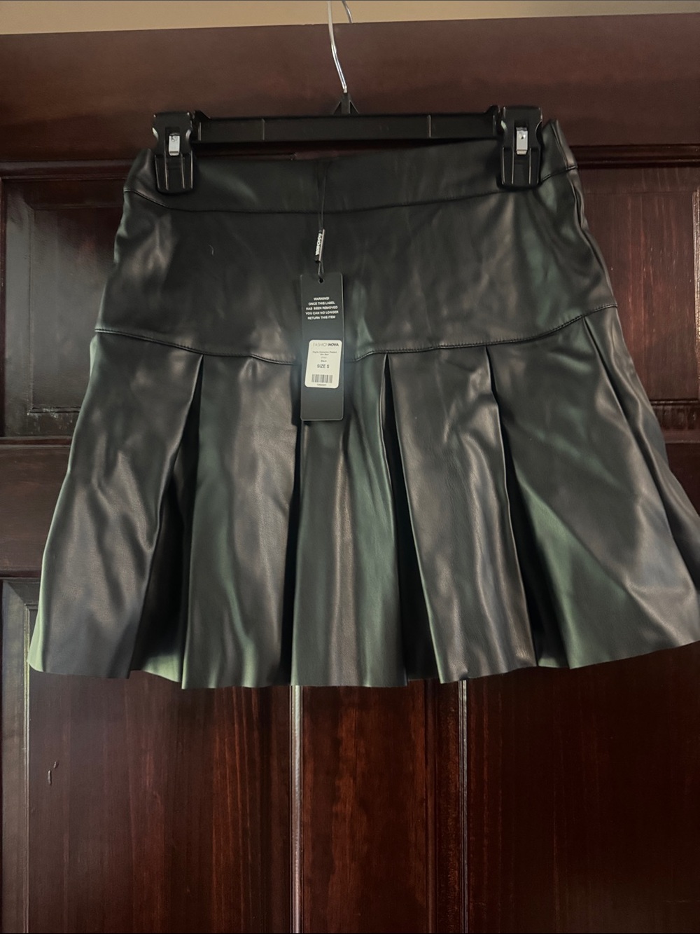 Fashion Nova Black Faux Leather Pleated Skater Skirt